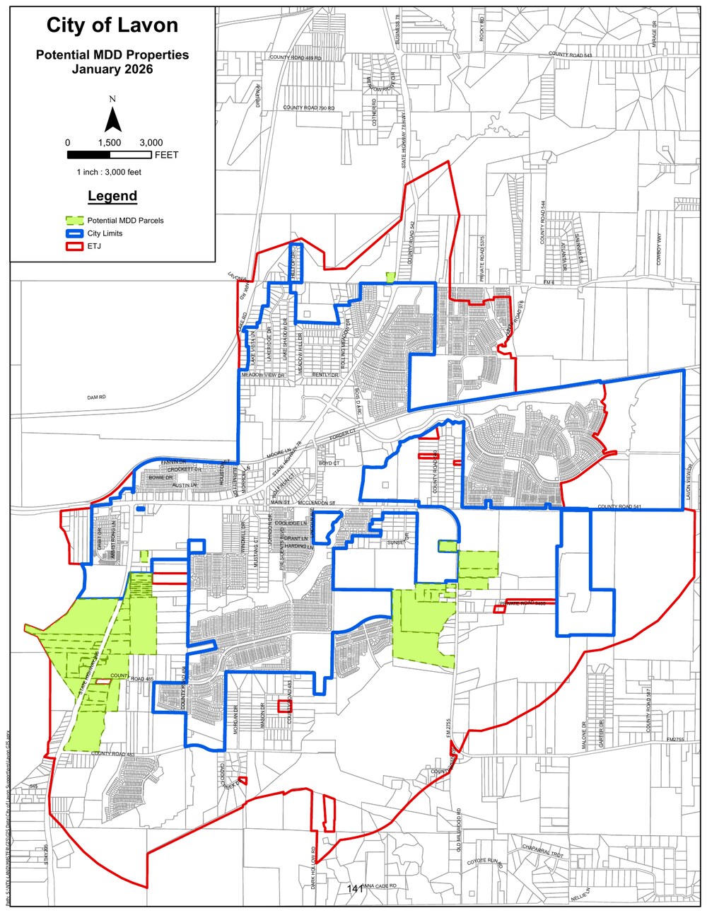 Map titled 'City of Lavon — Potential MDD Properties, January 2026.' A legend marks Potential MDD Parcels in green, City Limits in blue, and the extraterritorial jurisdiction (ETJ) boundary in red. The green potential-MDD parcels are discrete parcels along the city's edges and highway corridors rather than a single continuous block.