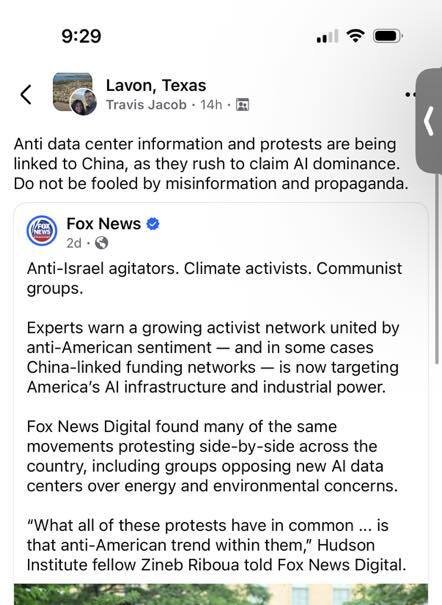 Facebook screenshot of a post in the Lavon, Texas community group. The post is authored by Travis Jacob, identified by Facebook's blue Author tag and timestamped 14 hours before capture. Above a shared Fox News article, his caption reads: &lsquo;Anti data center information and protests are being linked to China, as they rush to claim AI dominance. Do not be fooled by misinformation and propaganda.&rsquo; The shared Fox News article headline begins &lsquo;Anti-Israel agitators. Climate activists. Communist groups.&rsquo; and frames opposition to AI data centers as part of an anti-American, in some cases China-linked, activist network.